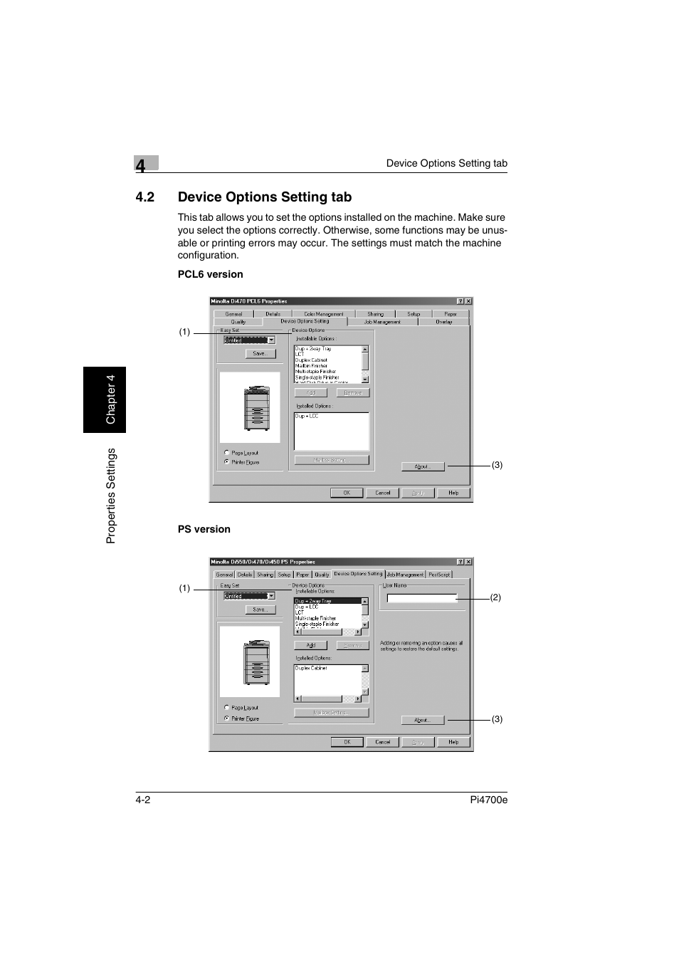 2 device options setting tab, Device options setting tab -2, P. 4-2 | Minolta PI4700E User Manual | Page 85 / 426