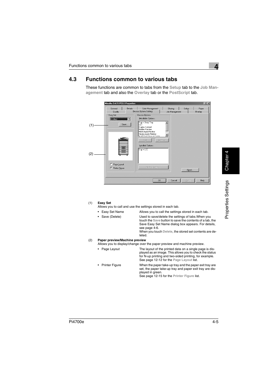 3 functions common to various tabs, Functions common to various tabs -5, P. 4-5 | Minolta PI4700E User Manual | Page 88 / 426