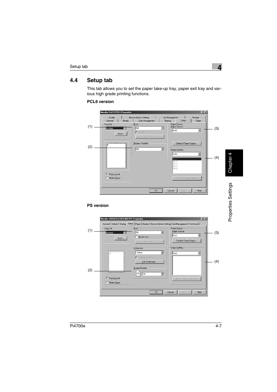 4 setup tab, Setup tab -7, P. 4-7 | Minolta PI4700E User Manual | Page 90 / 426