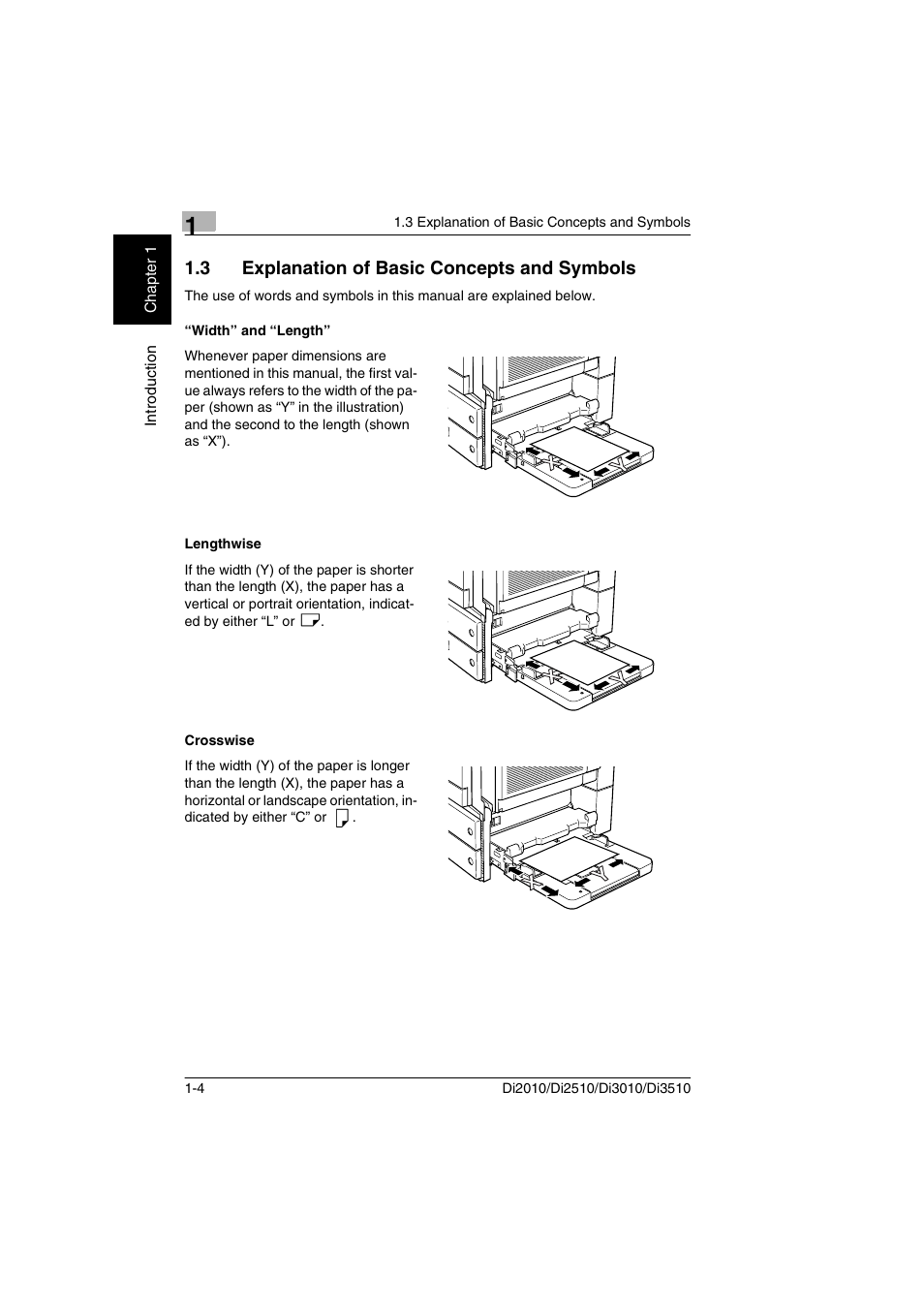 3 explanation of basic concepts and symbols, Width” and “length, Lengthwise | Crosswise | Minolta DI2510 User Manual | Page 11 / 210