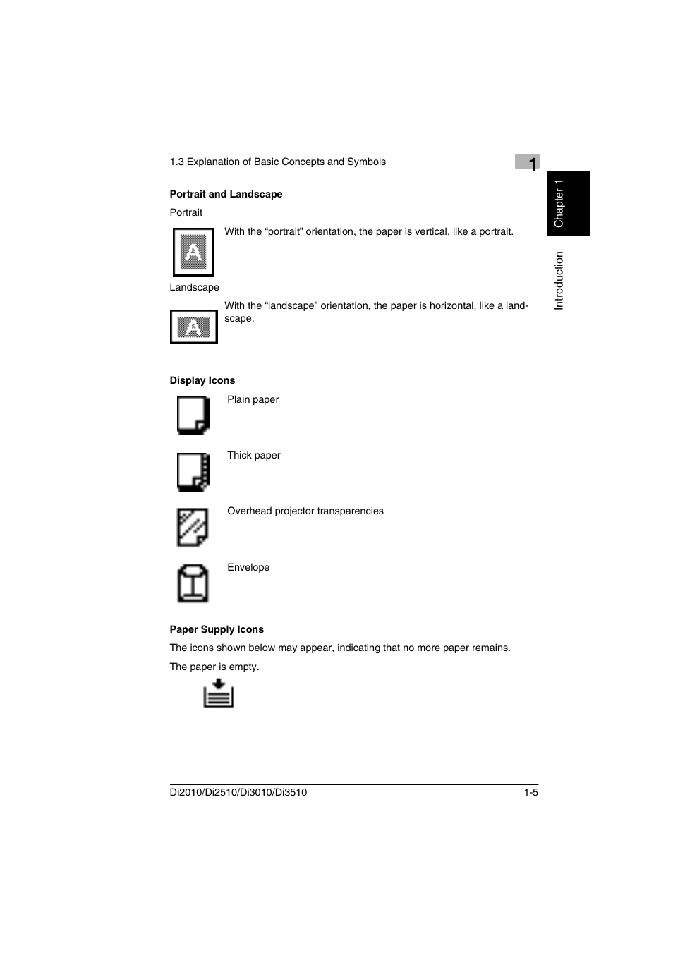 Portrait and landscape, Display icons, Paper supply icons | Minolta DI2510 User Manual | Page 12 / 210