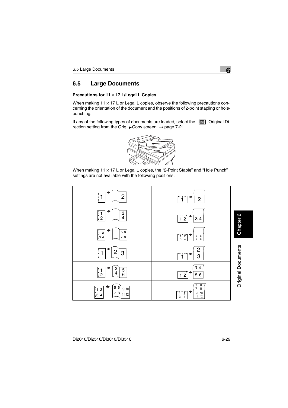 5 large documents, Precautions for 11 x 17 l/legal l copies, Large documents -29 precautions for 11 | 17 l/legal l copies -29 | Minolta DI2510 User Manual | Page 122 / 210