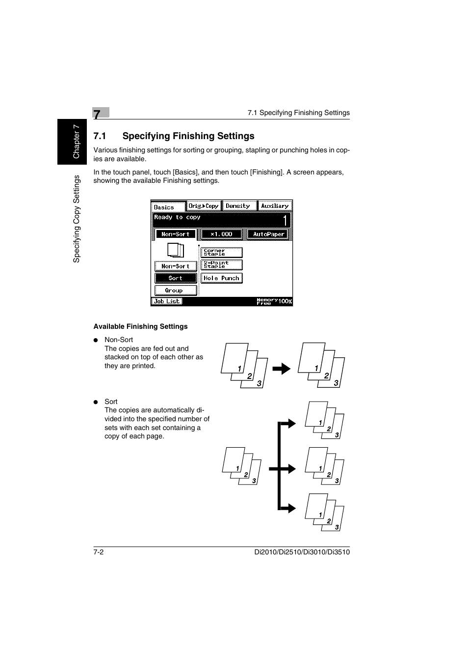 1 specifying finishing settings, Available finishing settings | Minolta DI2510 User Manual | Page 125 / 210