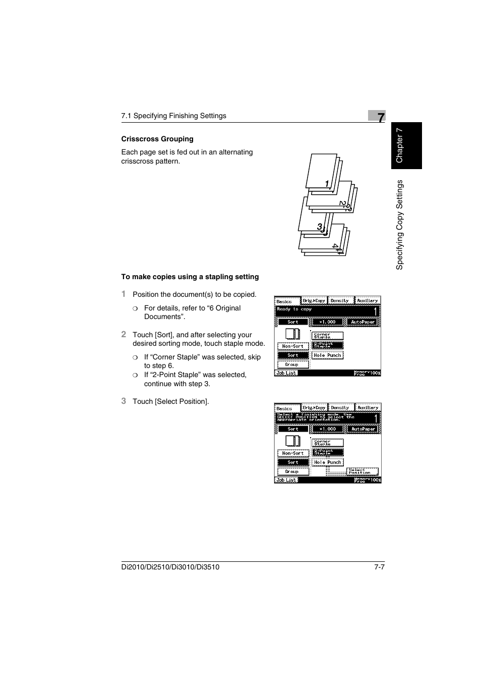 Crisscross grouping, To make copies using a stapling setting | Minolta DI2510 User Manual | Page 130 / 210