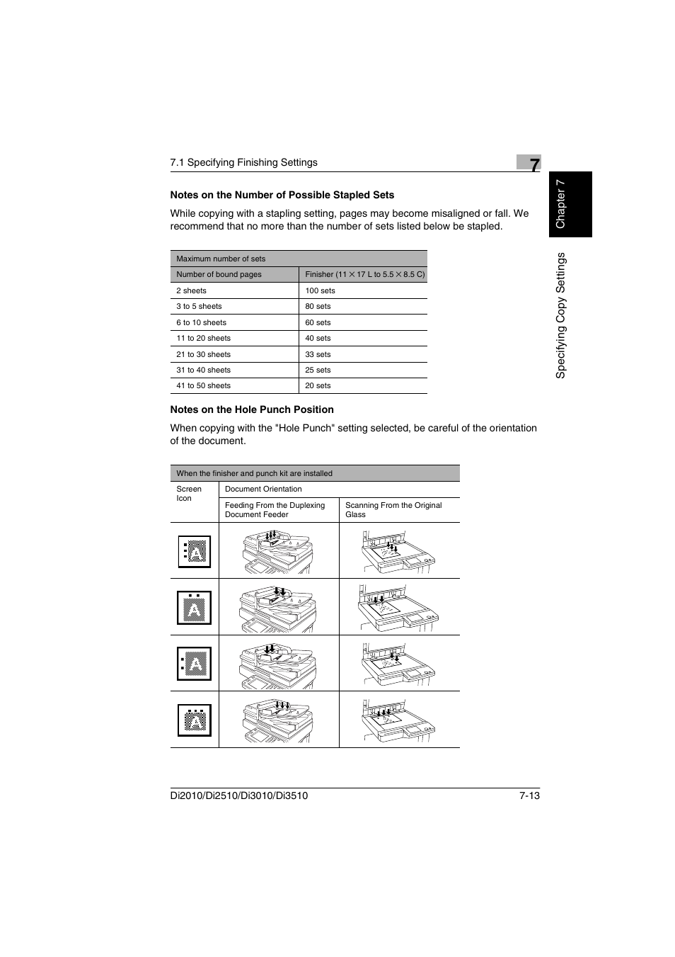 Notes on the number of possible stapled sets, Notes on the hole punch position | Minolta DI2510 User Manual | Page 136 / 210