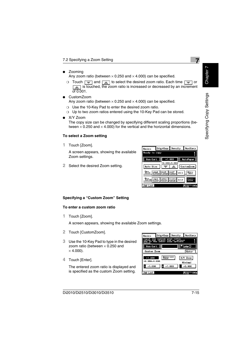 To select a zoom setting, Specifying a “custom zoom” setting, To enter a custom zoom ratio | Minolta DI2510 User Manual | Page 138 / 210