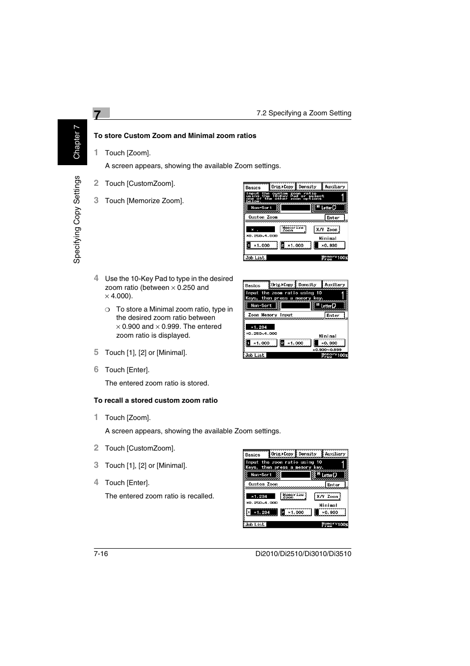 To store custom zoom and minimal zoom ratios, To recall a stored custom zoom ratio | Minolta DI2510 User Manual | Page 139 / 210