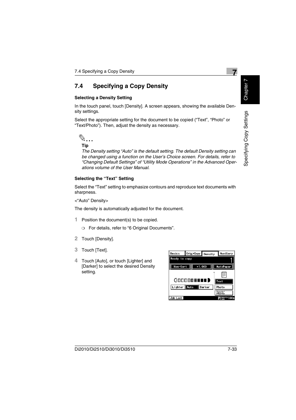 4 specifying a copy density, Selecting a density setting, Selecting the “text” setting | Selecting the “text” setting -33 | Minolta DI2510 User Manual | Page 156 / 210