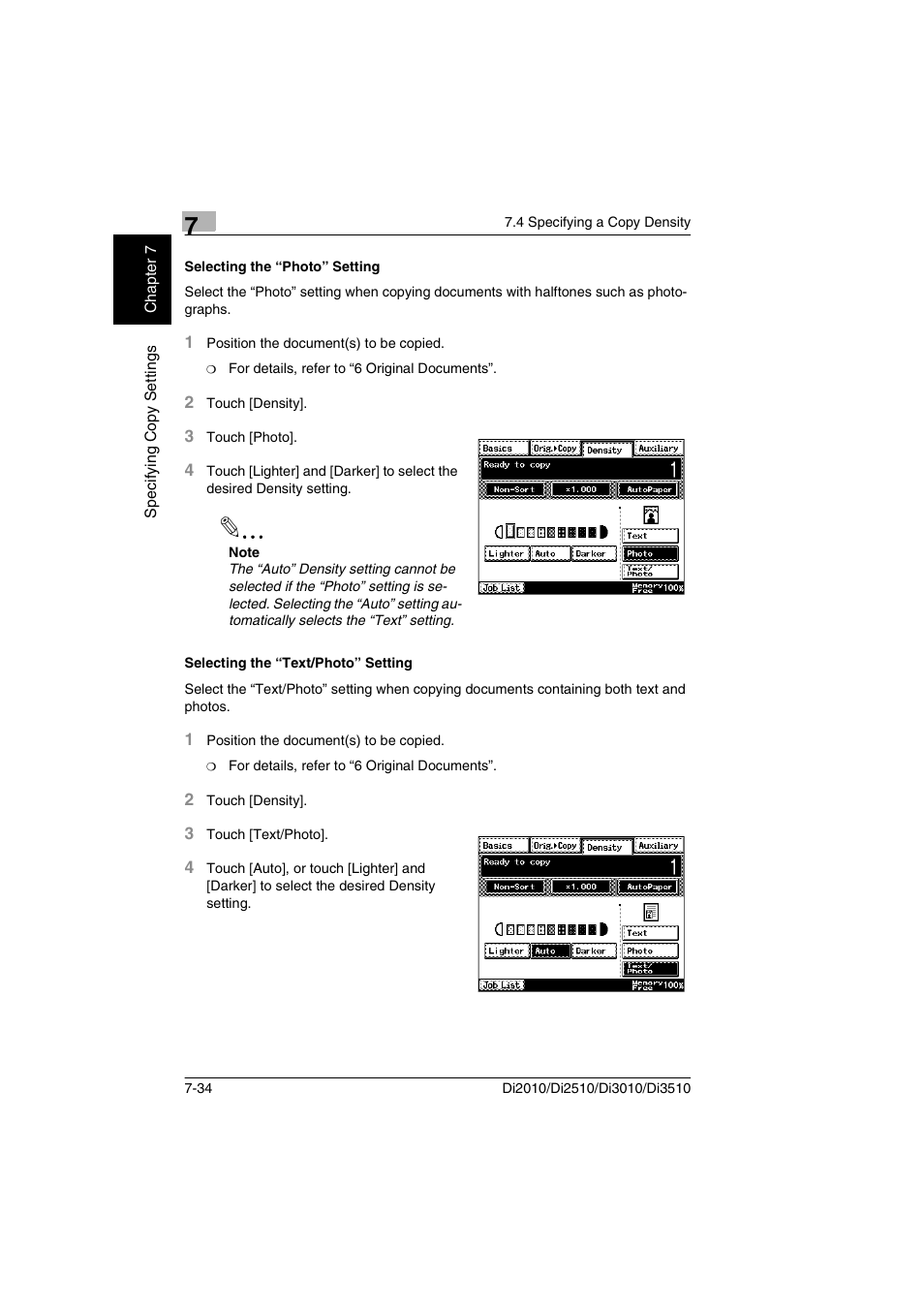 Selecting the “photo” setting, Selecting the “text/photo” setting | Minolta DI2510 User Manual | Page 157 / 210