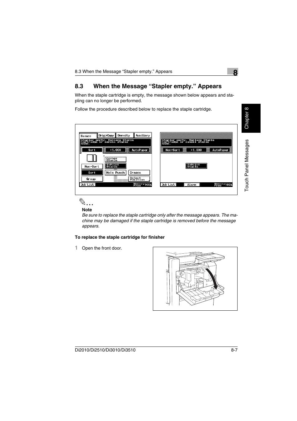 3 when the message “stapler empty.” appears, To replace the staple cartridge for finisher | Minolta DI2510 User Manual | Page 166 / 210