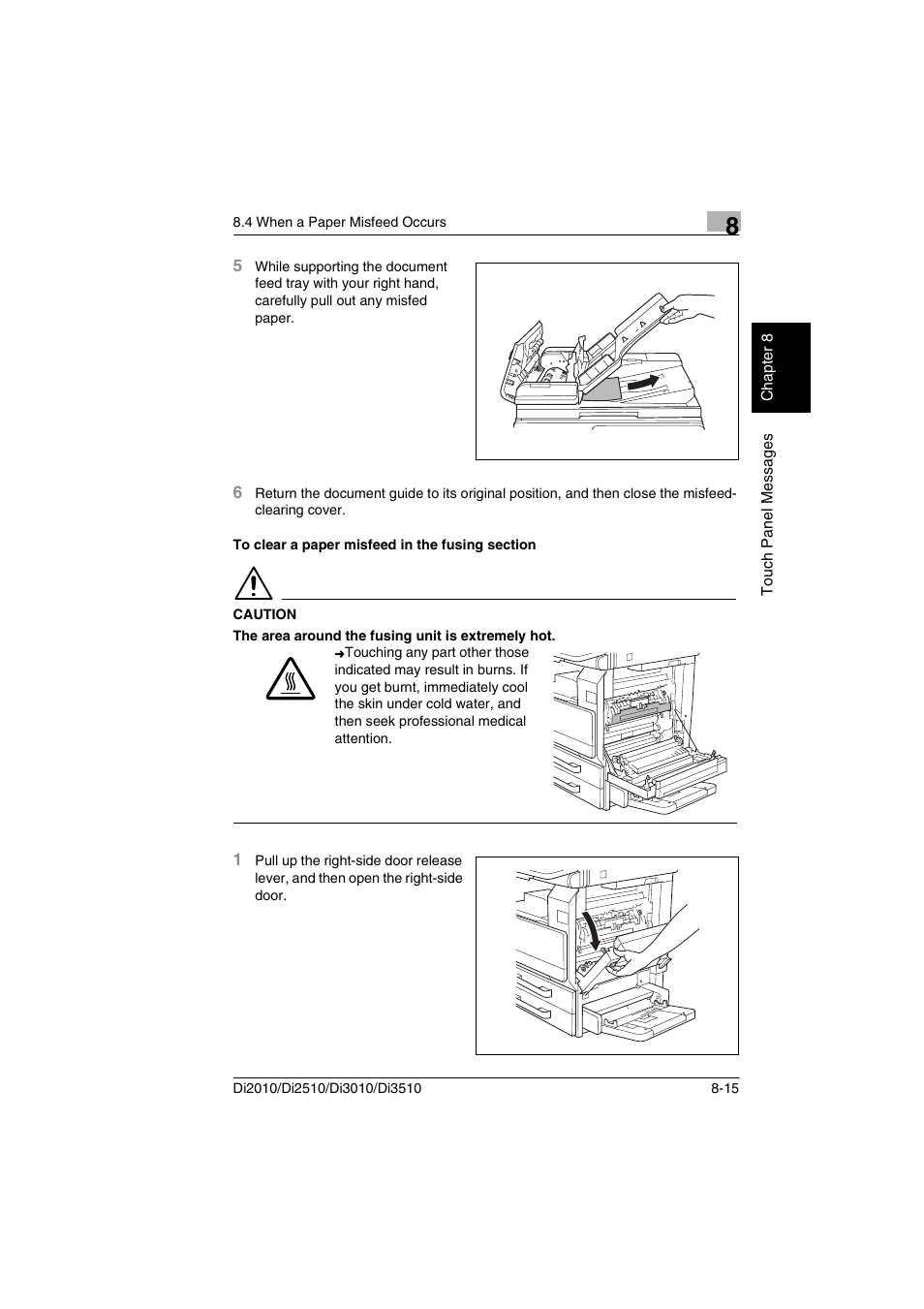 To clear a paper misfeed in the fusing section, To clear a paper misfeed in the fusing section -15 | Minolta DI2510 User Manual | Page 174 / 210