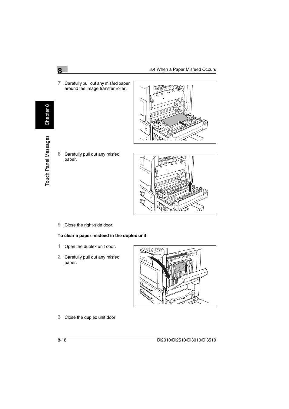 To clear a paper misfeed in the duplex unit, To clear a paper misfeed in the duplex unit -18 | Minolta DI2510 User Manual | Page 177 / 210