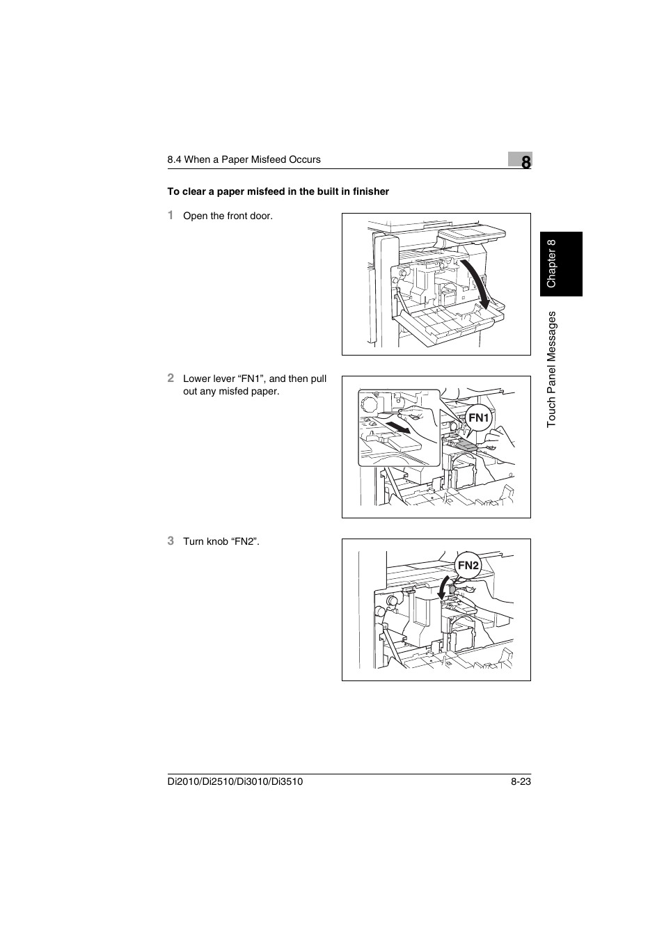 To clear a paper misfeed in the built in finisher | Minolta DI2510 User Manual | Page 182 / 210