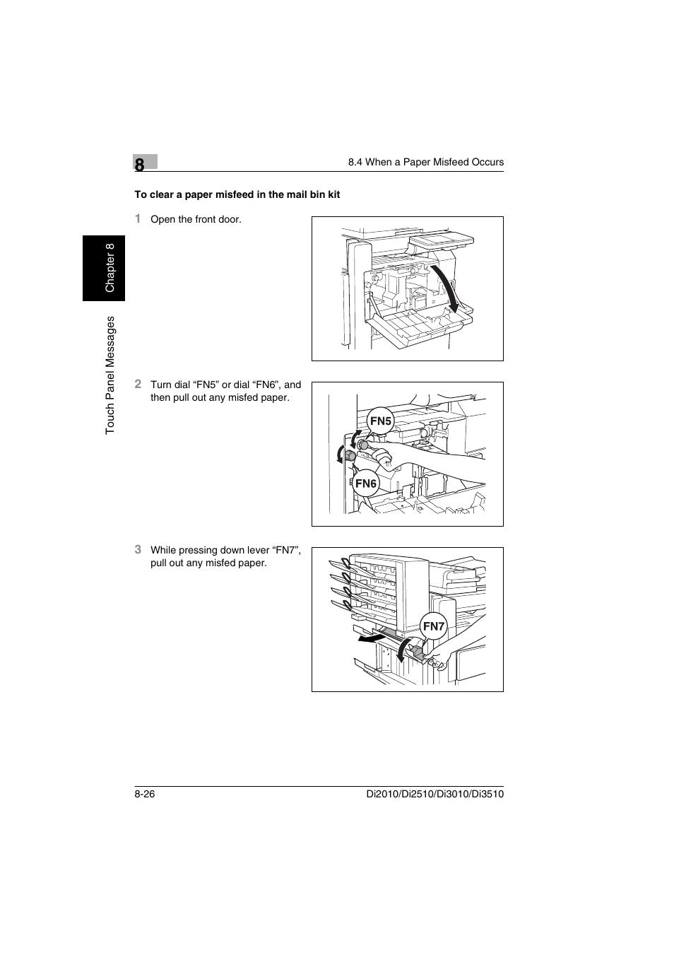 To clear a paper misfeed in the mail bin kit, To clear a paper misfeed in the mail bin kit -26 | Minolta DI2510 User Manual | Page 185 / 210