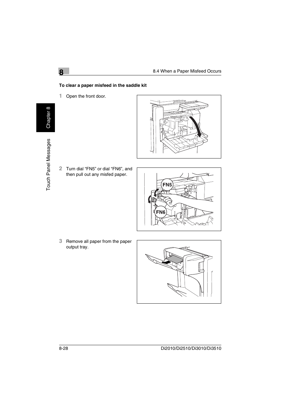 To clear a paper misfeed in the saddle kit, To clear a paper misfeed in the saddle kit -28 | Minolta DI2510 User Manual | Page 187 / 210