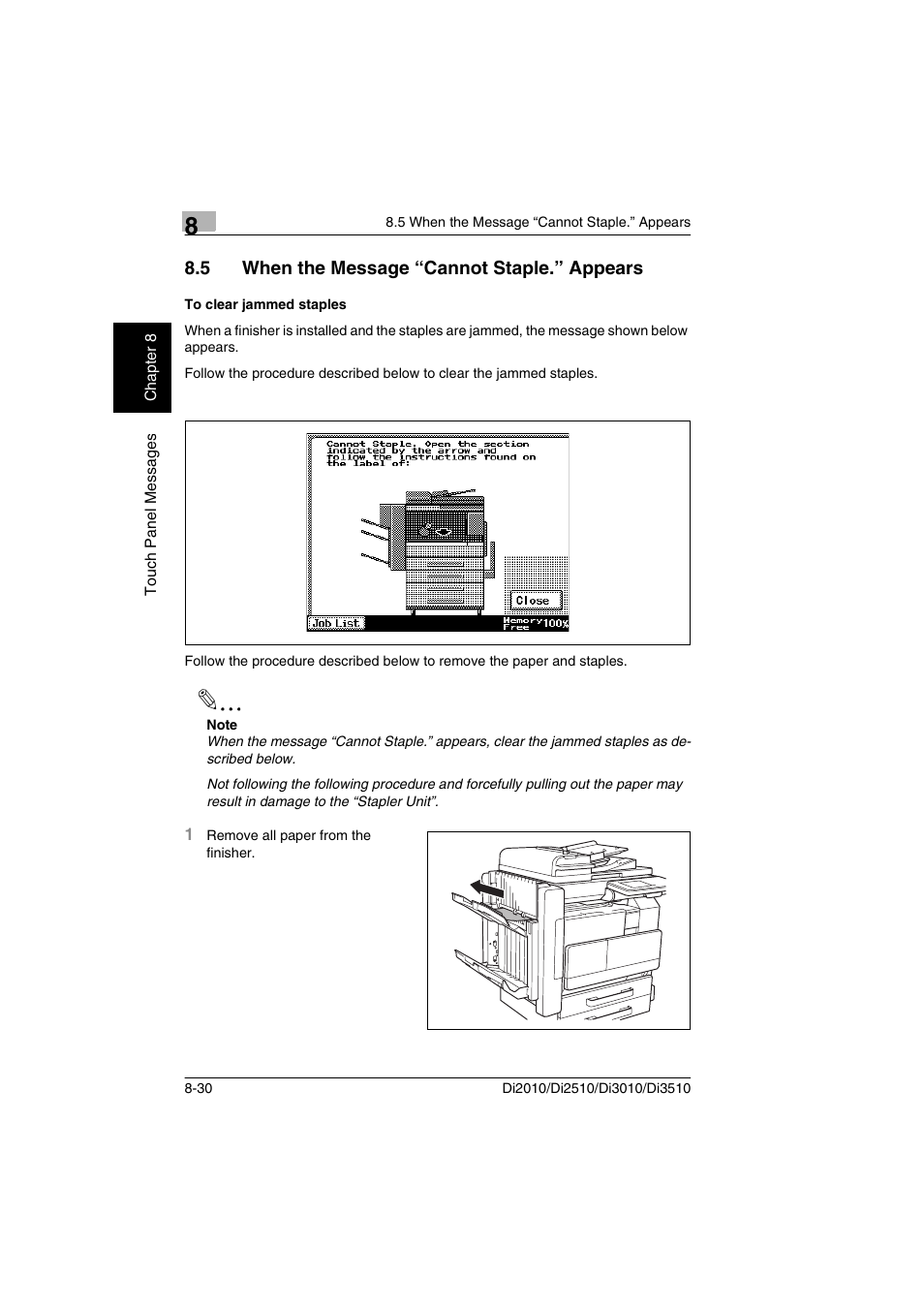 5 when the message “cannot staple.” appears, To clear jammed staples | Minolta DI2510 User Manual | Page 189 / 210