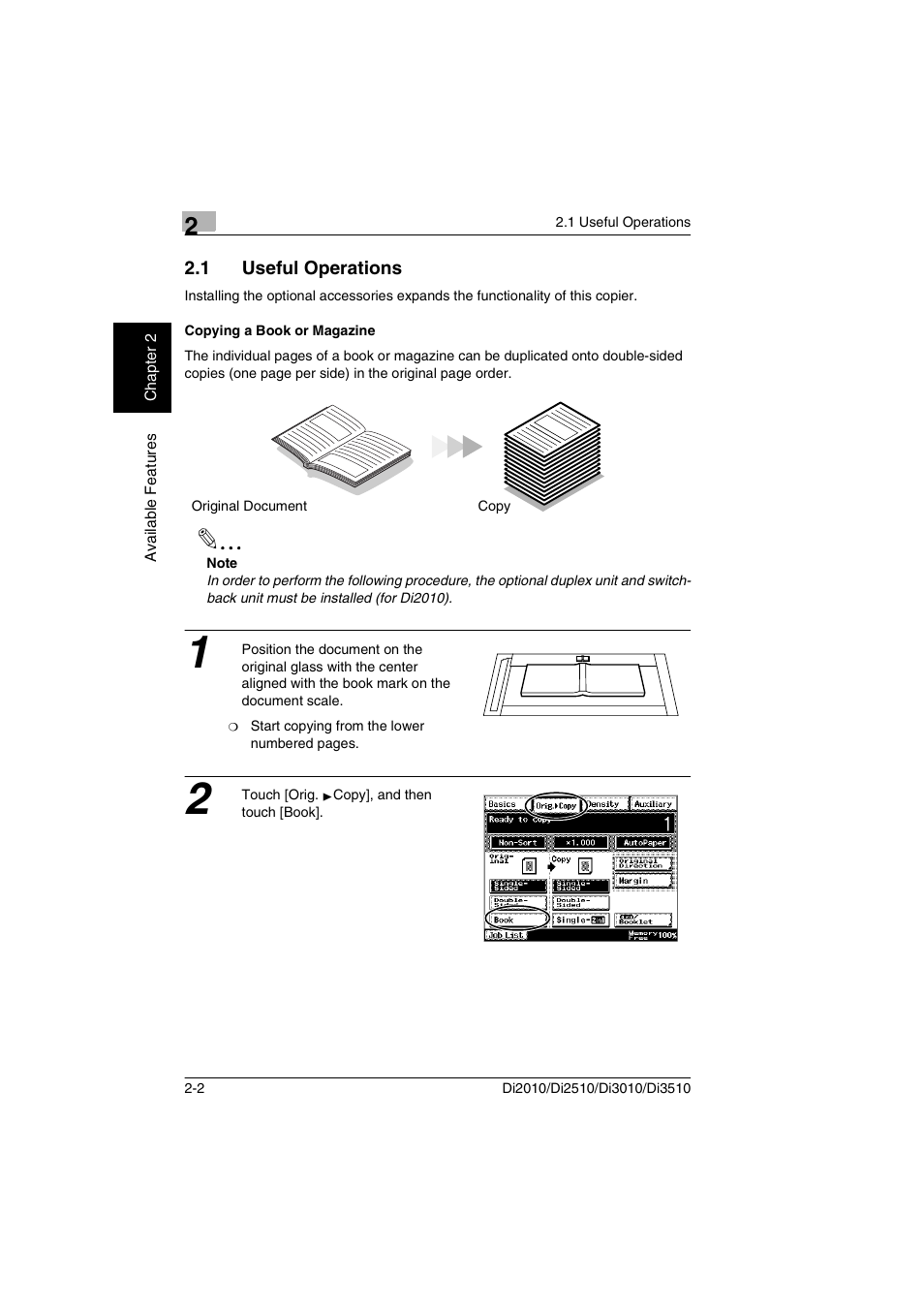 1 useful operations, Copying a book or magazine, Useful operations -2 copying a book or magazine -2 | Minolta DI2510 User Manual | Page 23 / 210