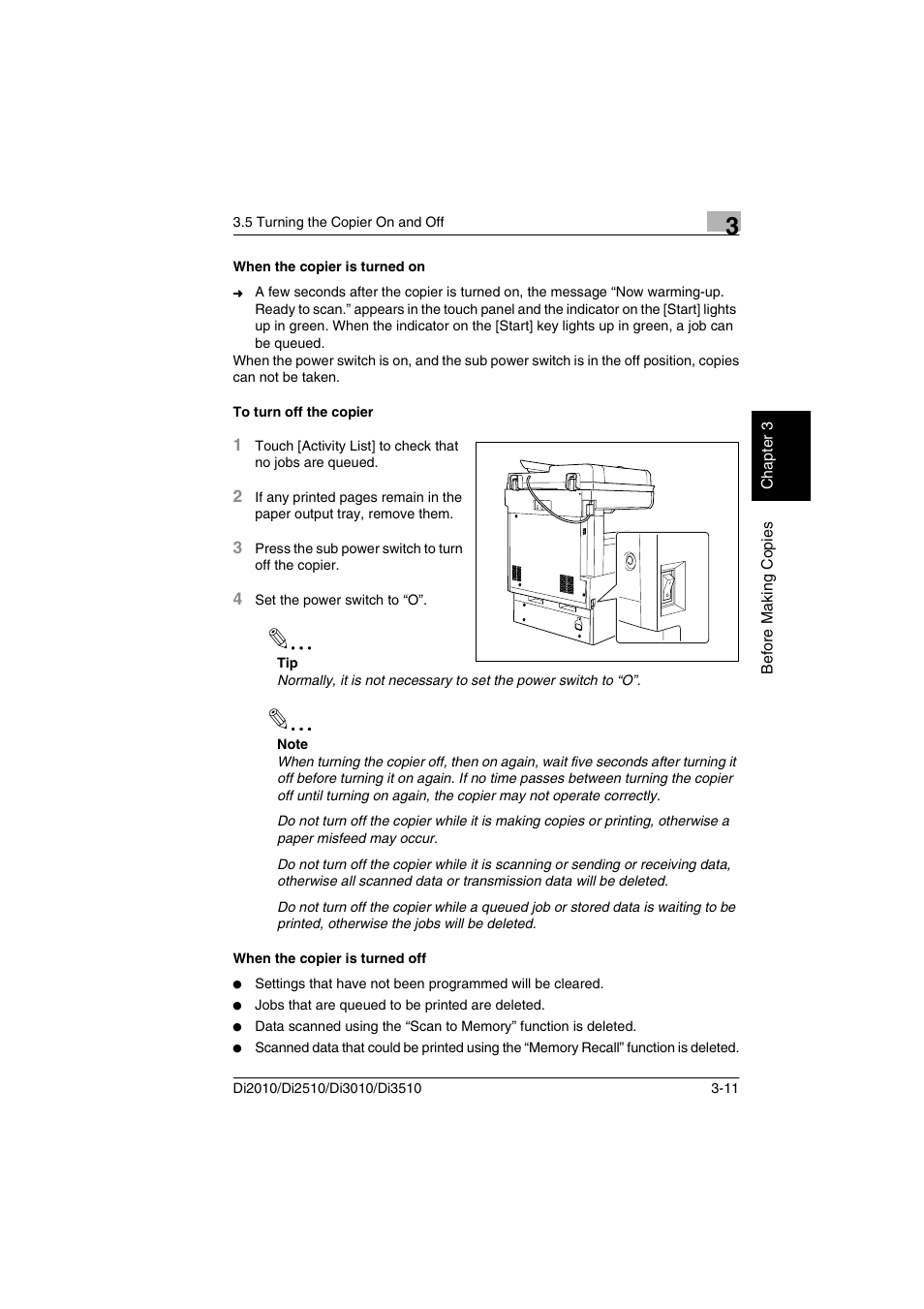 When the copier is turned on, To turn off the copier, When the copier is turned off | Minolta DI2510 User Manual | Page 52 / 210