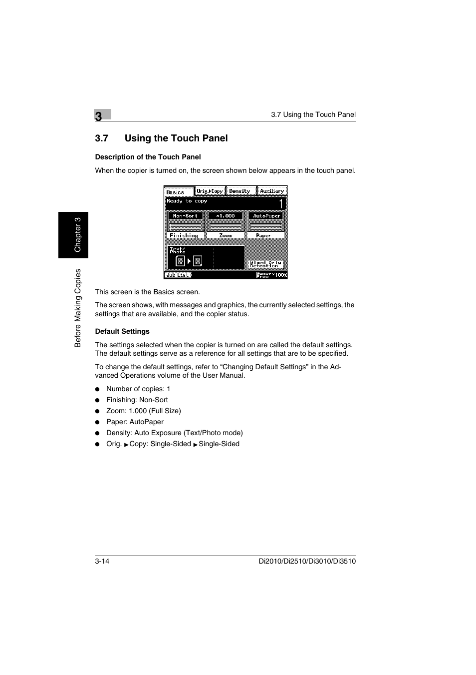 7 using the touch panel, Description of the touch panel, Default settings | Minolta DI2510 User Manual | Page 55 / 210