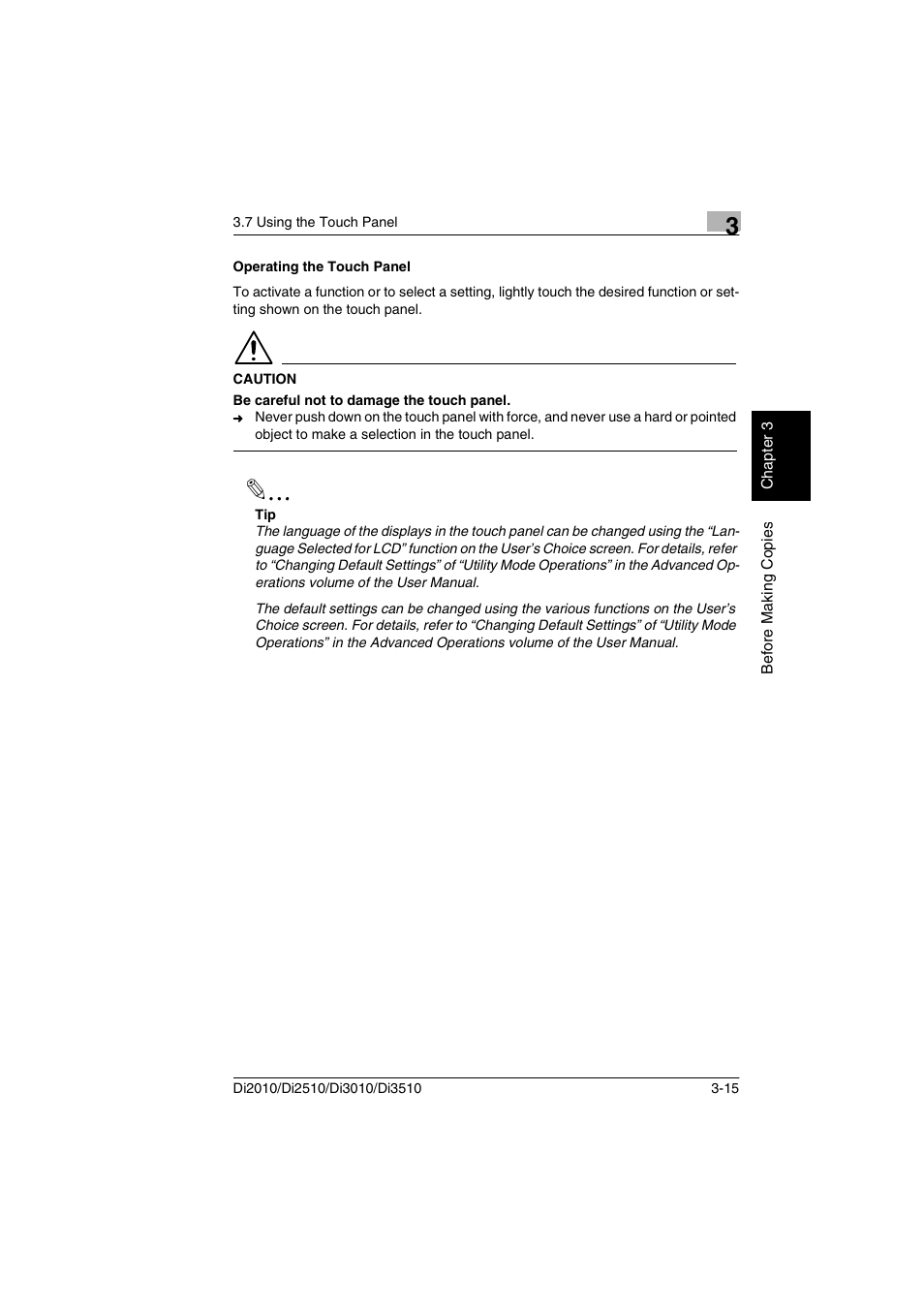 Operating the touch panel, Operating the touch panel -15 | Minolta DI2510 User Manual | Page 56 / 210