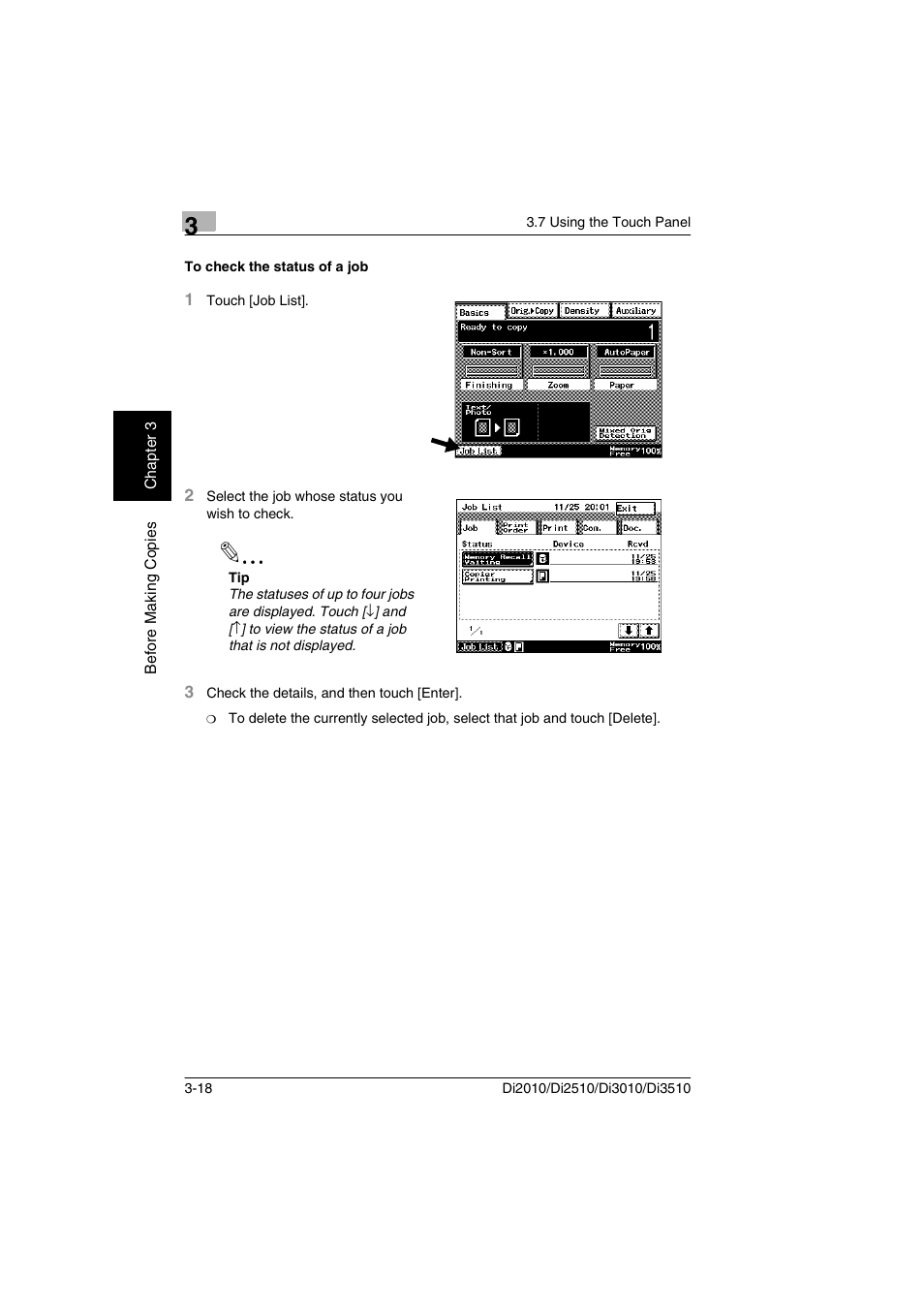 To check the status of a job, To check the status of a job -18 | Minolta DI2510 User Manual | Page 59 / 210