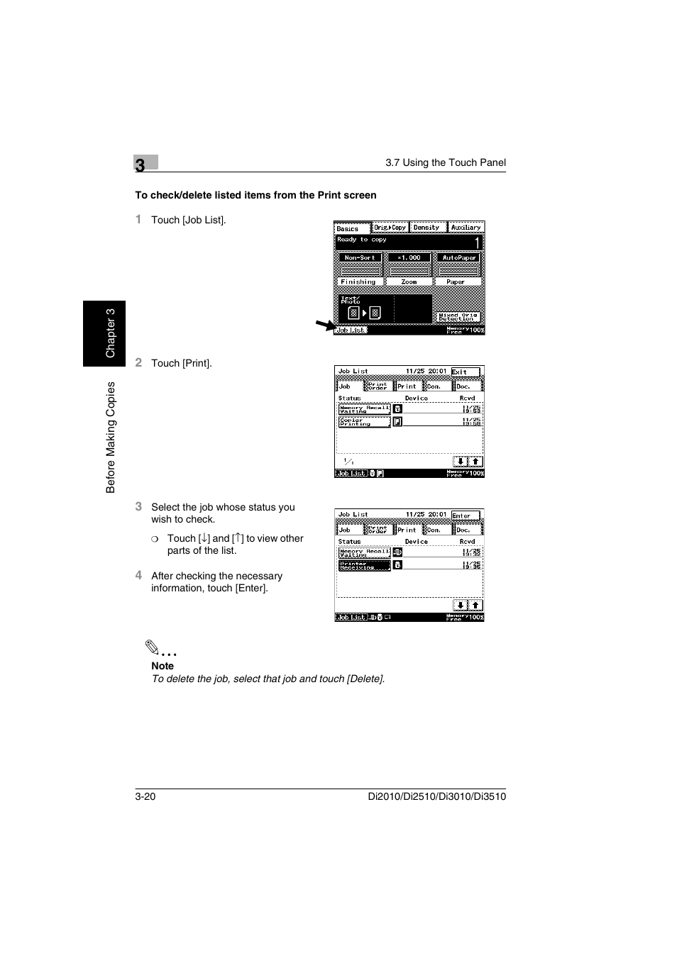 To check/delete listed items from the print screen | Minolta DI2510 User Manual | Page 61 / 210