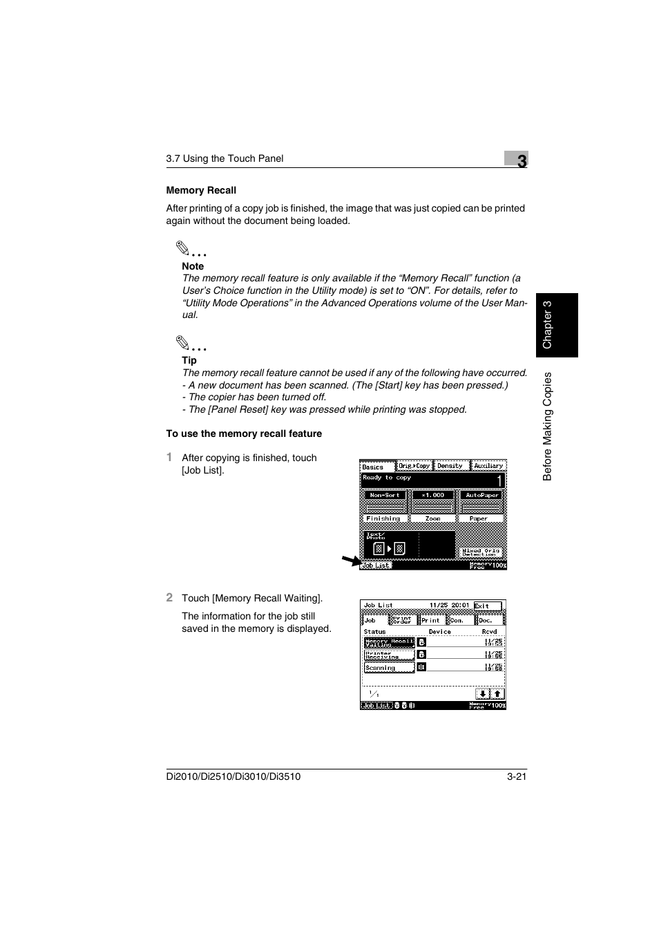 Memory recall, To use the memory recall feature | Minolta DI2510 User Manual | Page 62 / 210