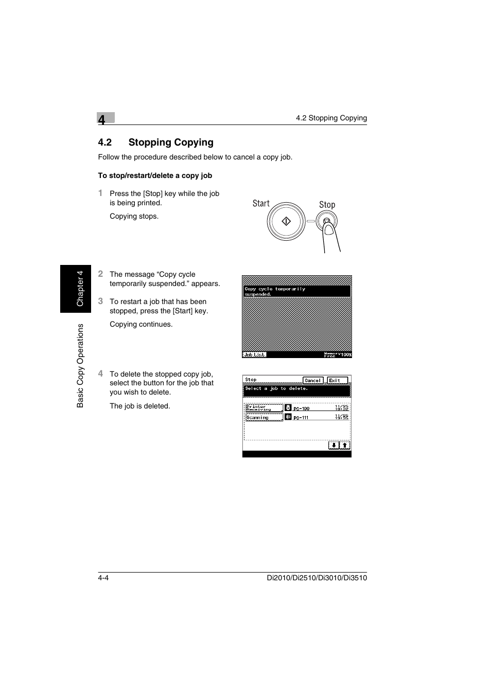 2 stopping copying, To stop/restart/delete a copy job | Minolta DI2510 User Manual | Page 67 / 210