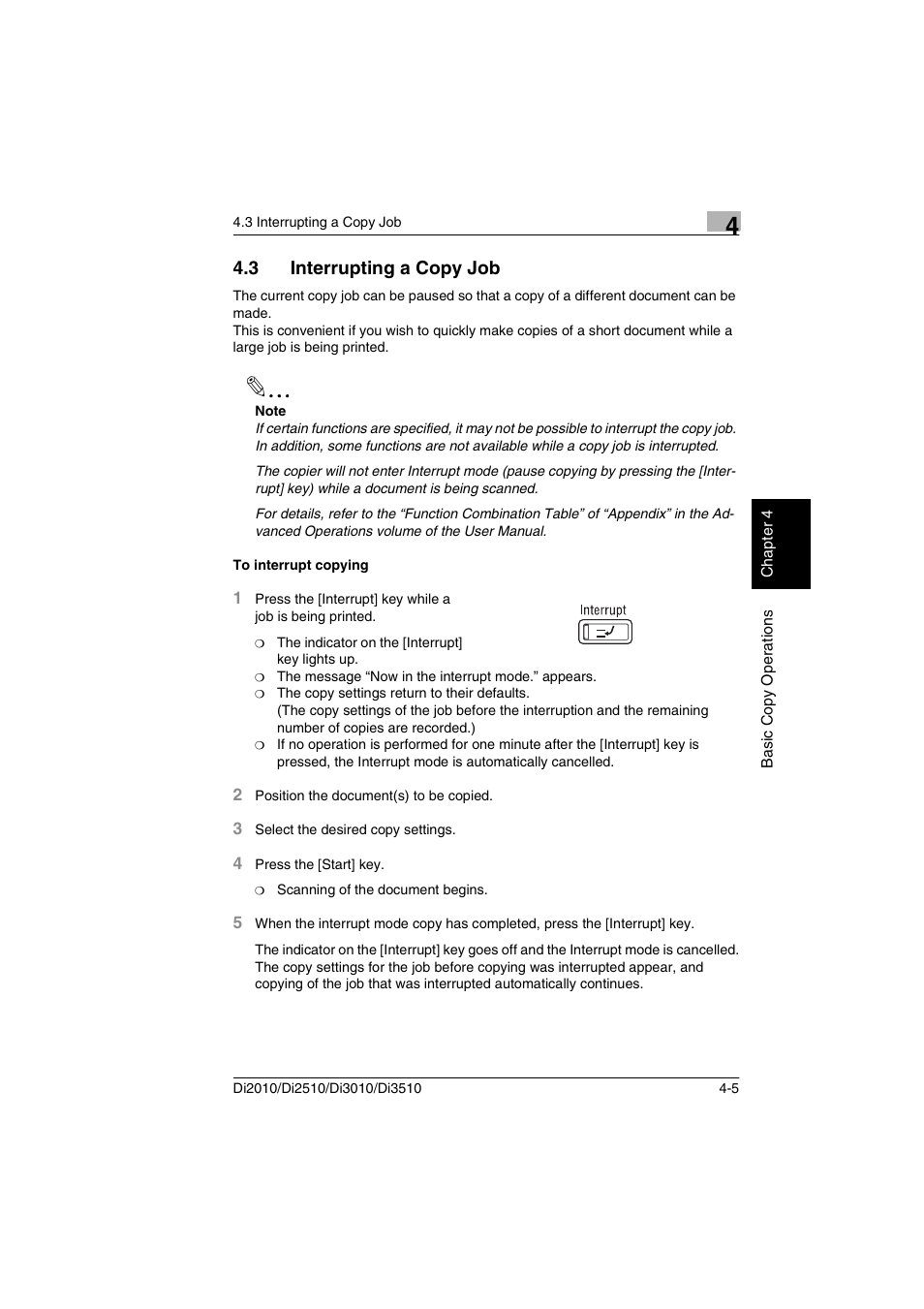 3 interrupting a copy job, To interrupt copying, Interrupting a copy job -5 to interrupt copying -5 | Minolta DI2510 User Manual | Page 68 / 210