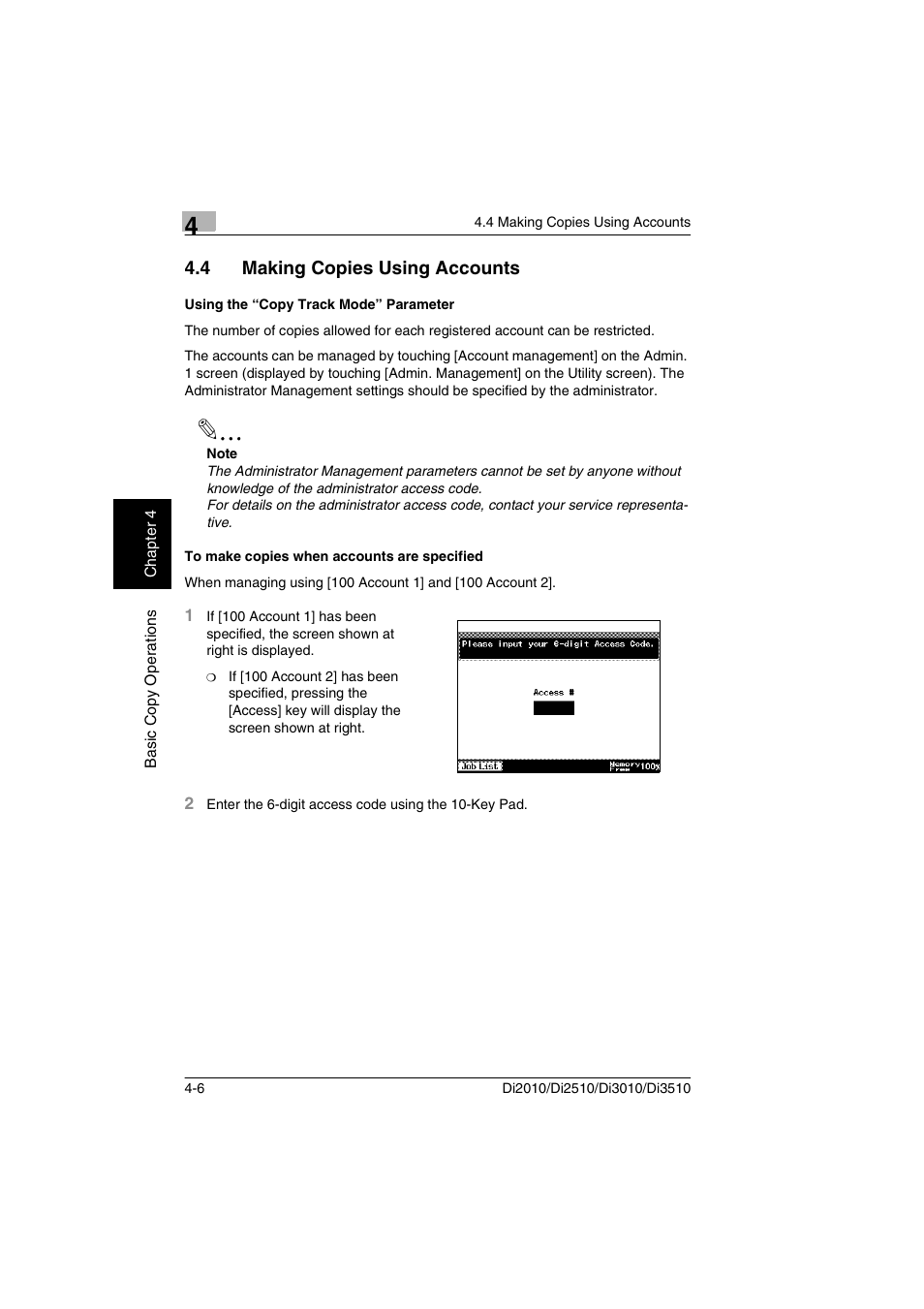 4 making copies using accounts, Using the “copy track mode” parameter, To make copies when accounts are specified | Minolta DI2510 User Manual | Page 69 / 210