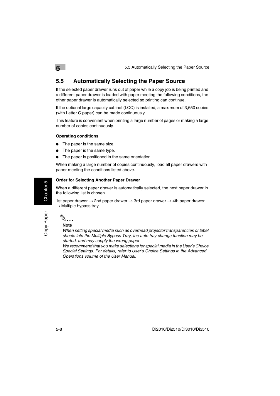 5 automatically selecting the paper source, Operating conditions, Order for selecting another paper drawer | Minolta DI2510 User Manual | Page 79 / 210