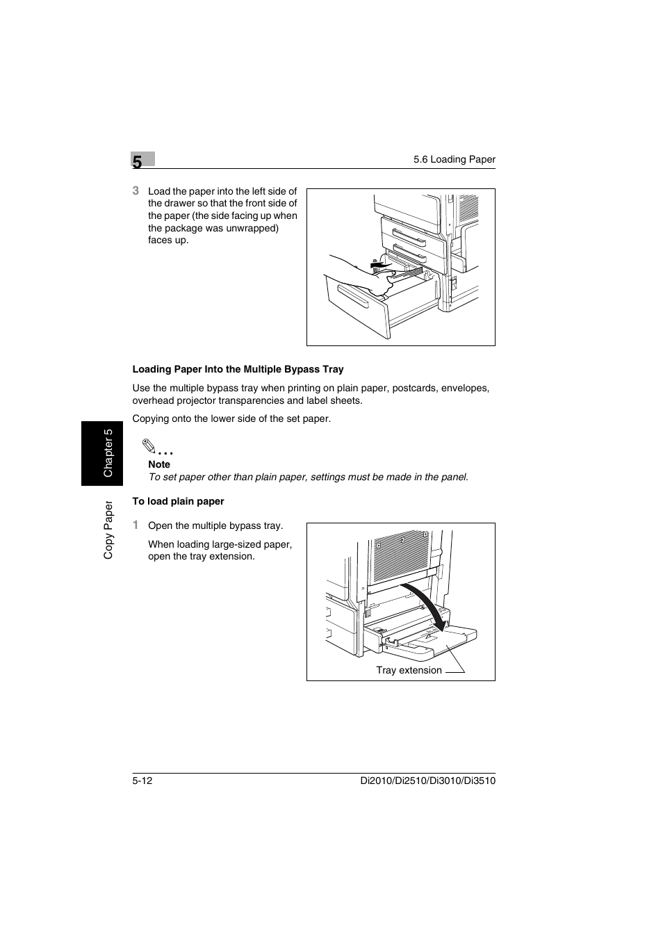 Loading paper into the multiple bypass tray, To load plain paper | Minolta DI2510 User Manual | Page 83 / 210