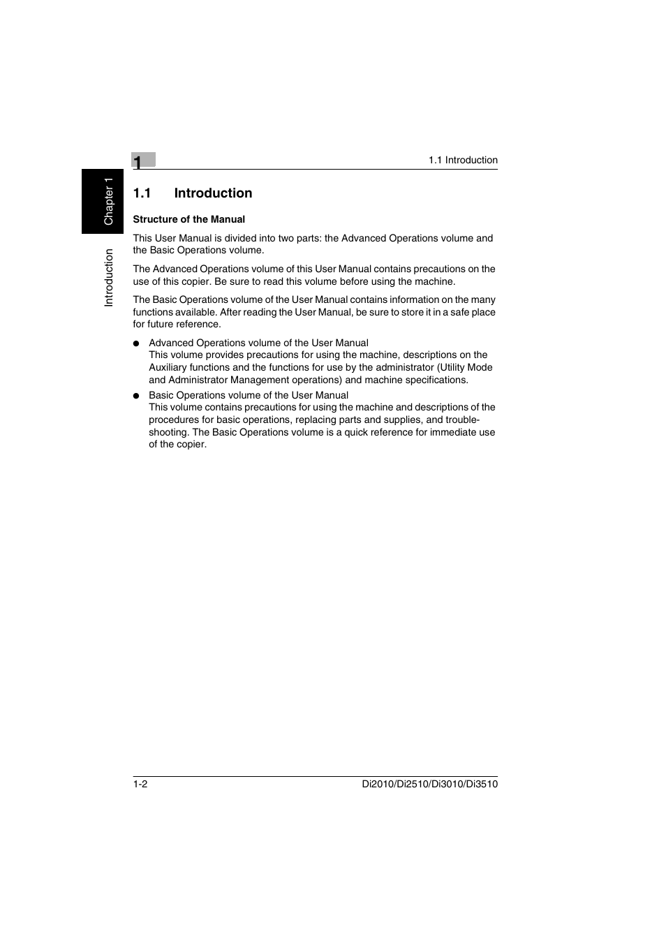 1 introduction, Structure of the manual, Introduction -2 structure of the manual -2 | Minolta DI2510 User Manual | Page 9 / 210