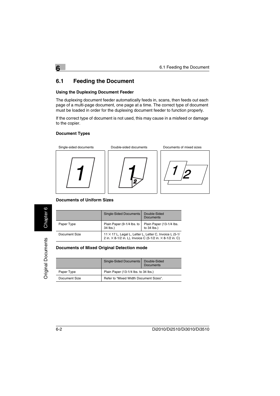 1 feeding the document, Using the duplexing document feeder, Document types | Documents of uniform sizes, Documents of mixed original detection mode | Minolta DI2510 User Manual | Page 95 / 210