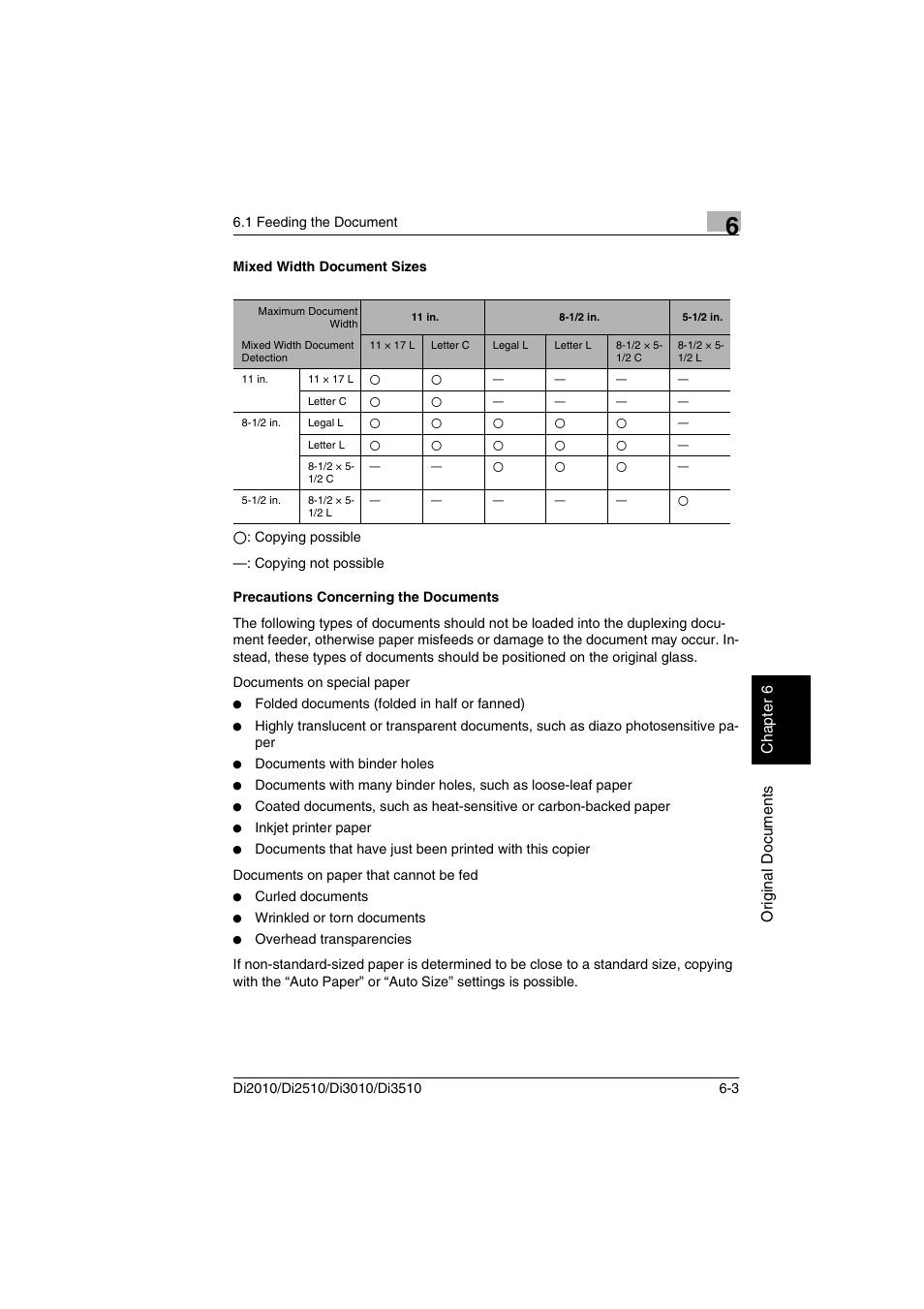 Mixed width document sizes, Precautions concerning the documents | Minolta DI2510 User Manual | Page 96 / 210