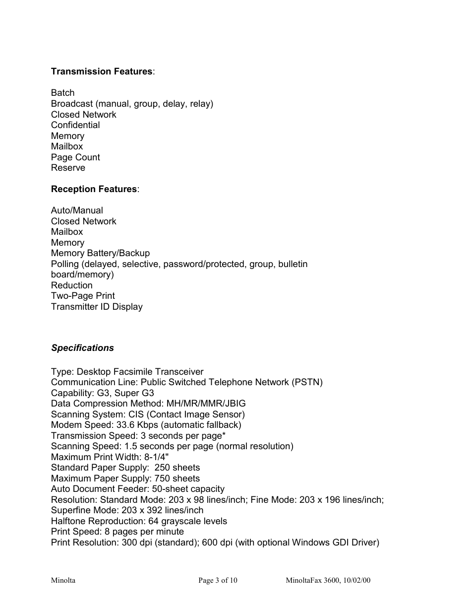 Specifications | Minolta 3600 User Manual | Page 3 / 10