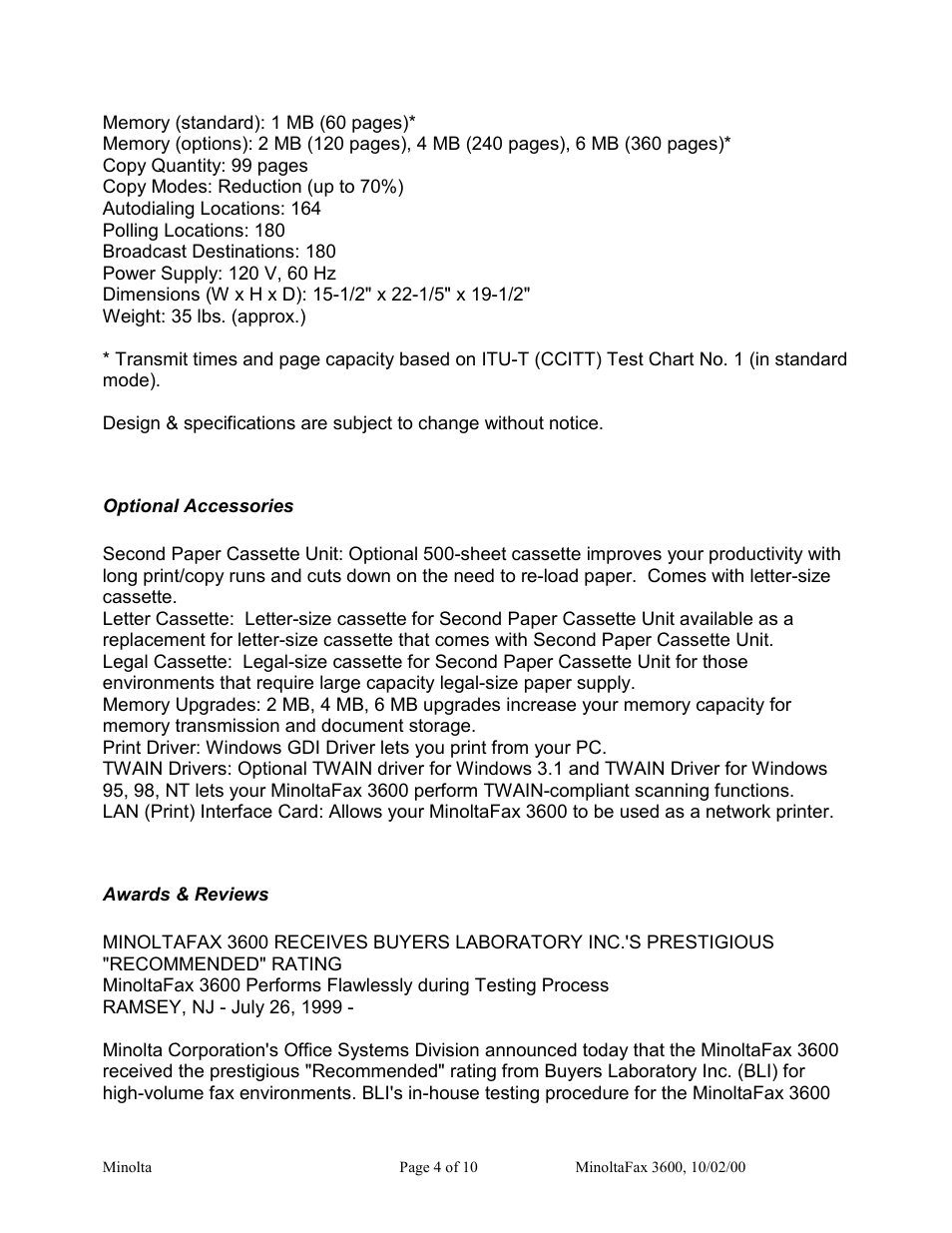 Optional accessories, Awards & reviews | Minolta 3600 User Manual | Page 4 / 10