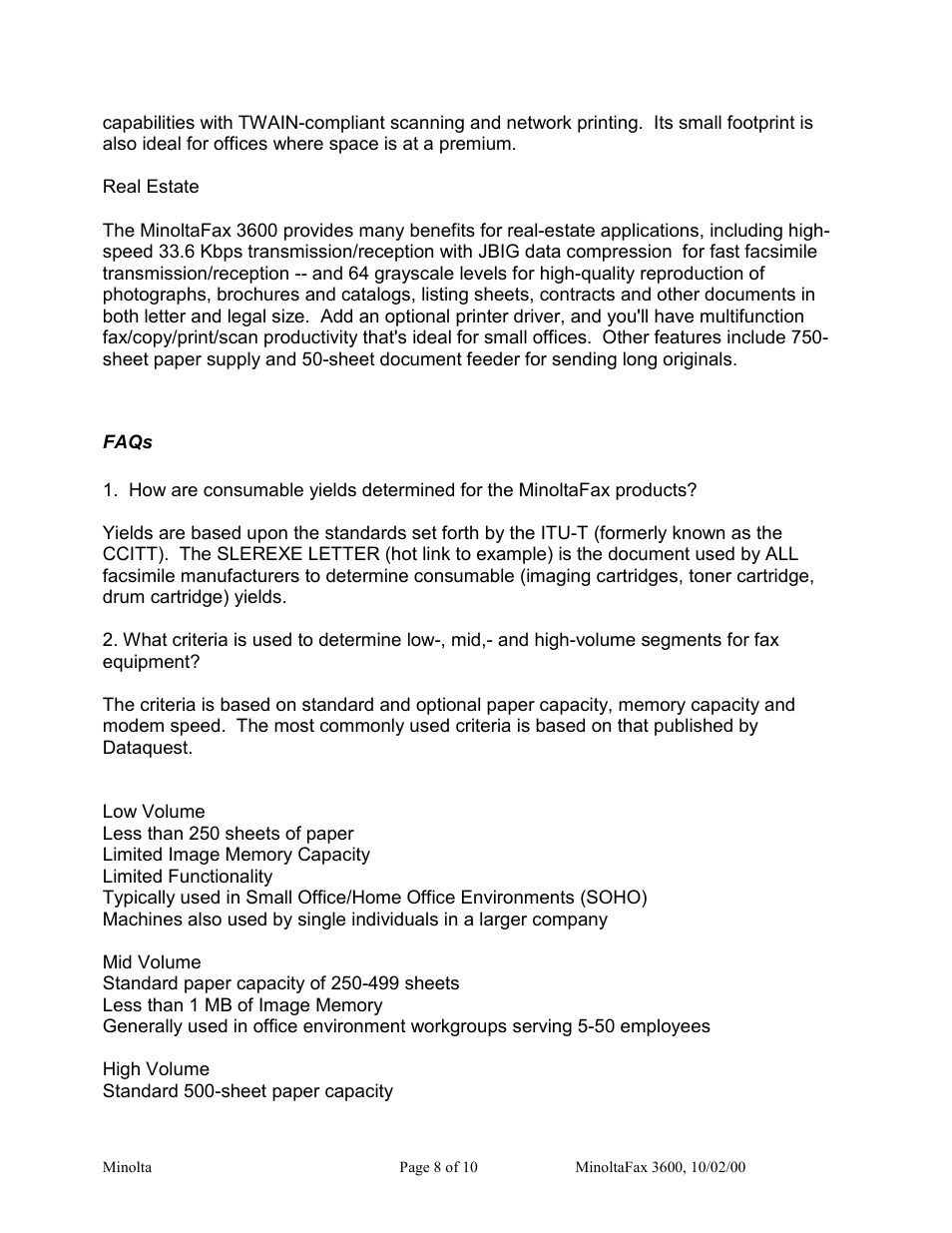 Faqs | Minolta 3600 User Manual | Page 8 / 10