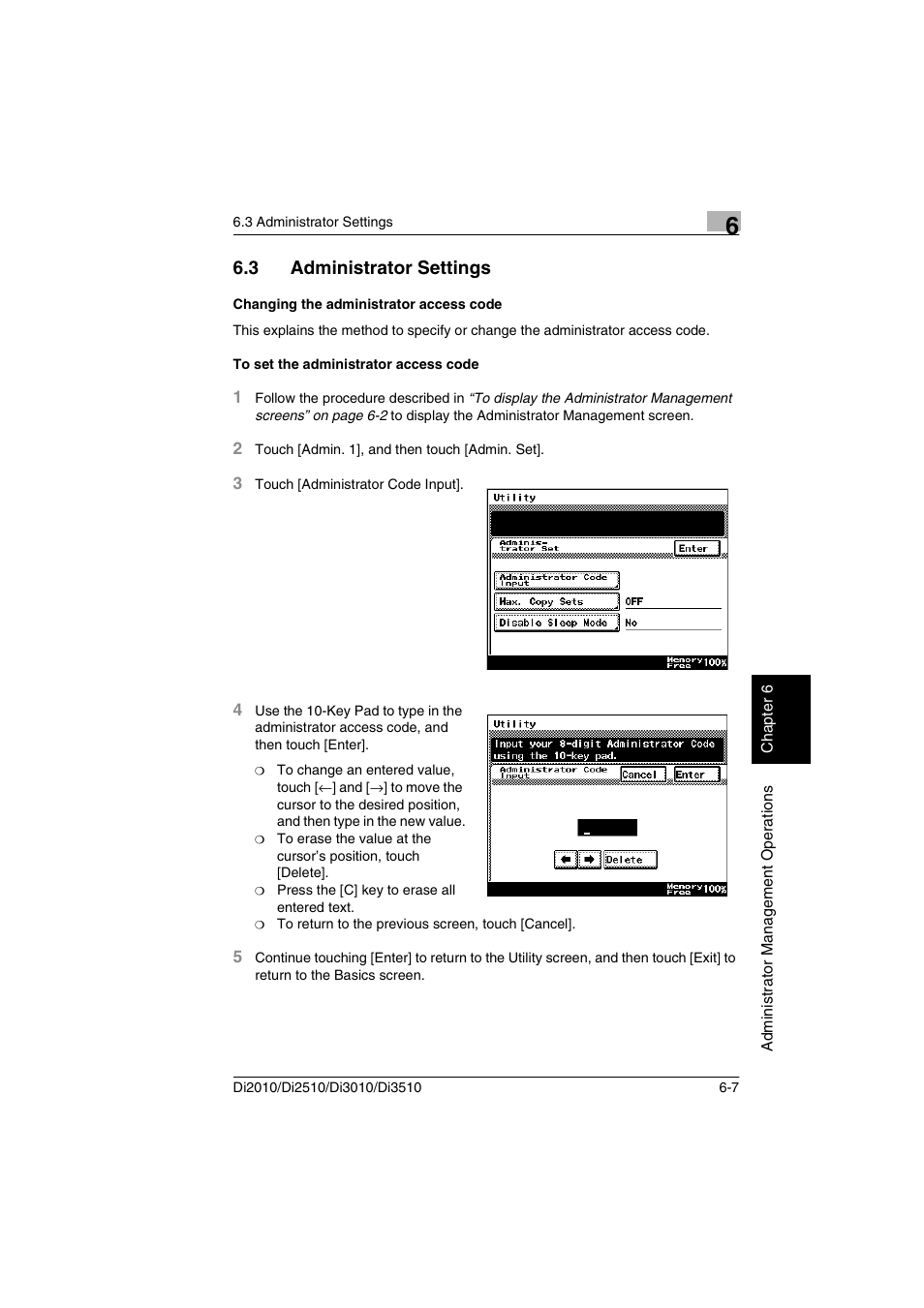 3 administrator settings, Changing the administrator access code, To set the administrator access code | Minolta DI2510 User Manual | Page 104 / 148