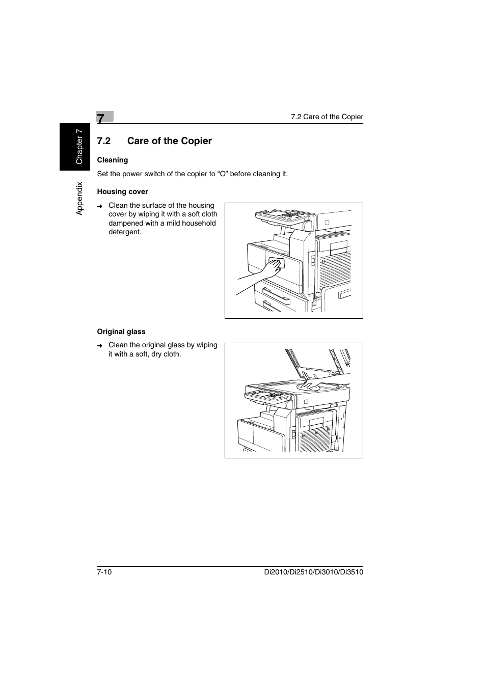 2 care of the copier, Cleaning, Housing cover | Original glass | Minolta DI2510 User Manual | Page 127 / 148