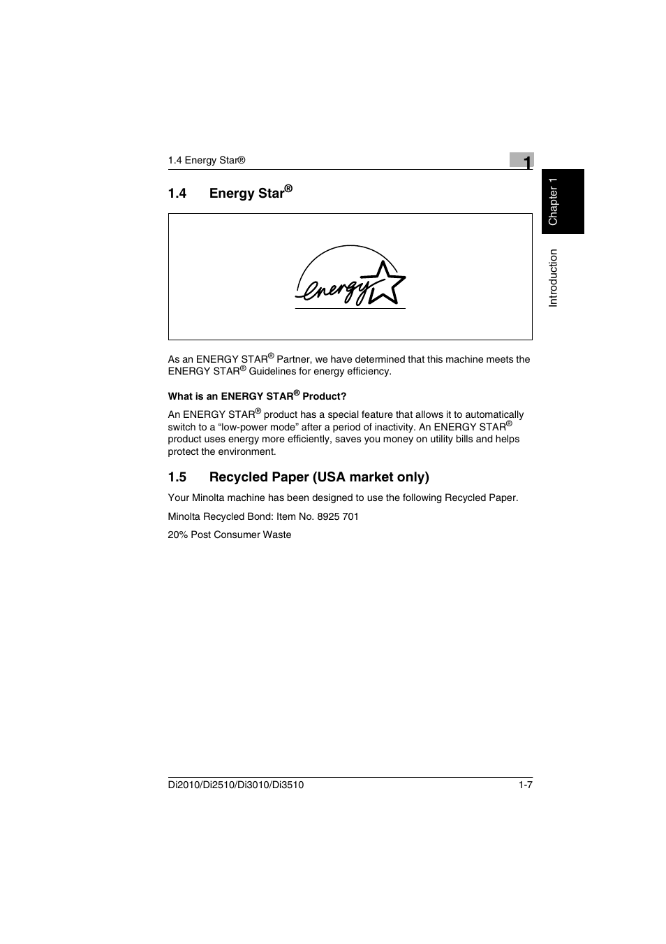 4 energy star, What is an energy star® product, 5 recycled paper (usa market only) | Energy star, What is an energy star, Product? -7, Recycled paper (usa market only) -7 | Minolta DI2510 User Manual | Page 14 / 148