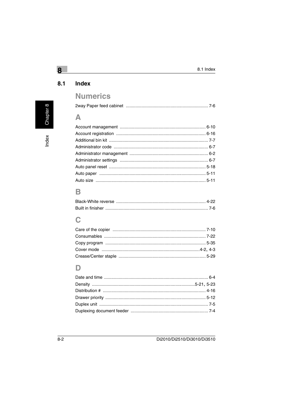 1 index, A to d, Index -2 | Numerics | Minolta DI2510 User Manual | Page 143 / 148