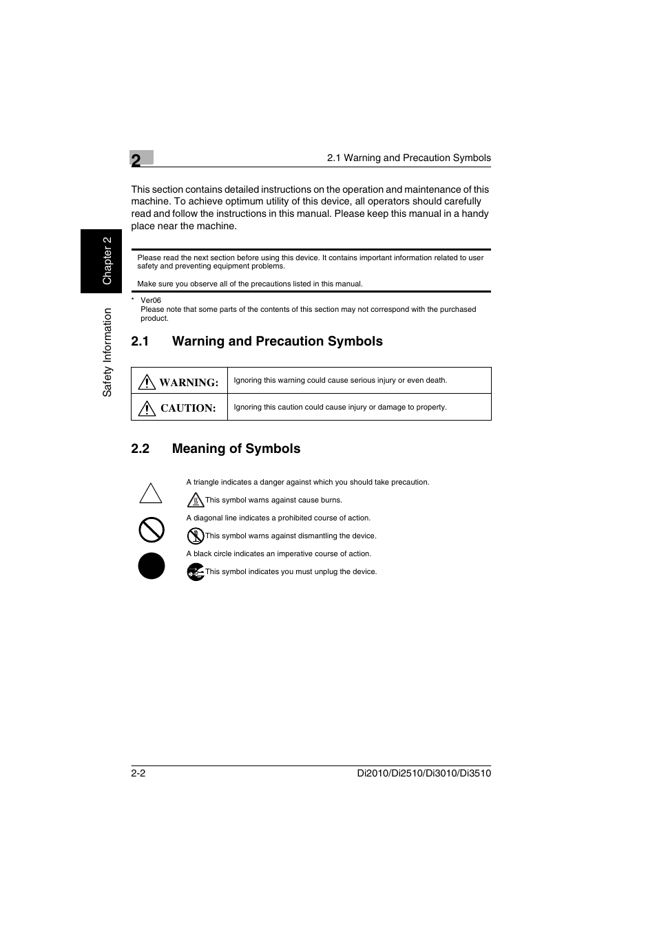 1 warning and precaution symbols, 2 meaning of symbols, Warning and precaution symbols -2 | Meaning of symbols -2 | Minolta DI2510 User Manual | Page 17 / 148