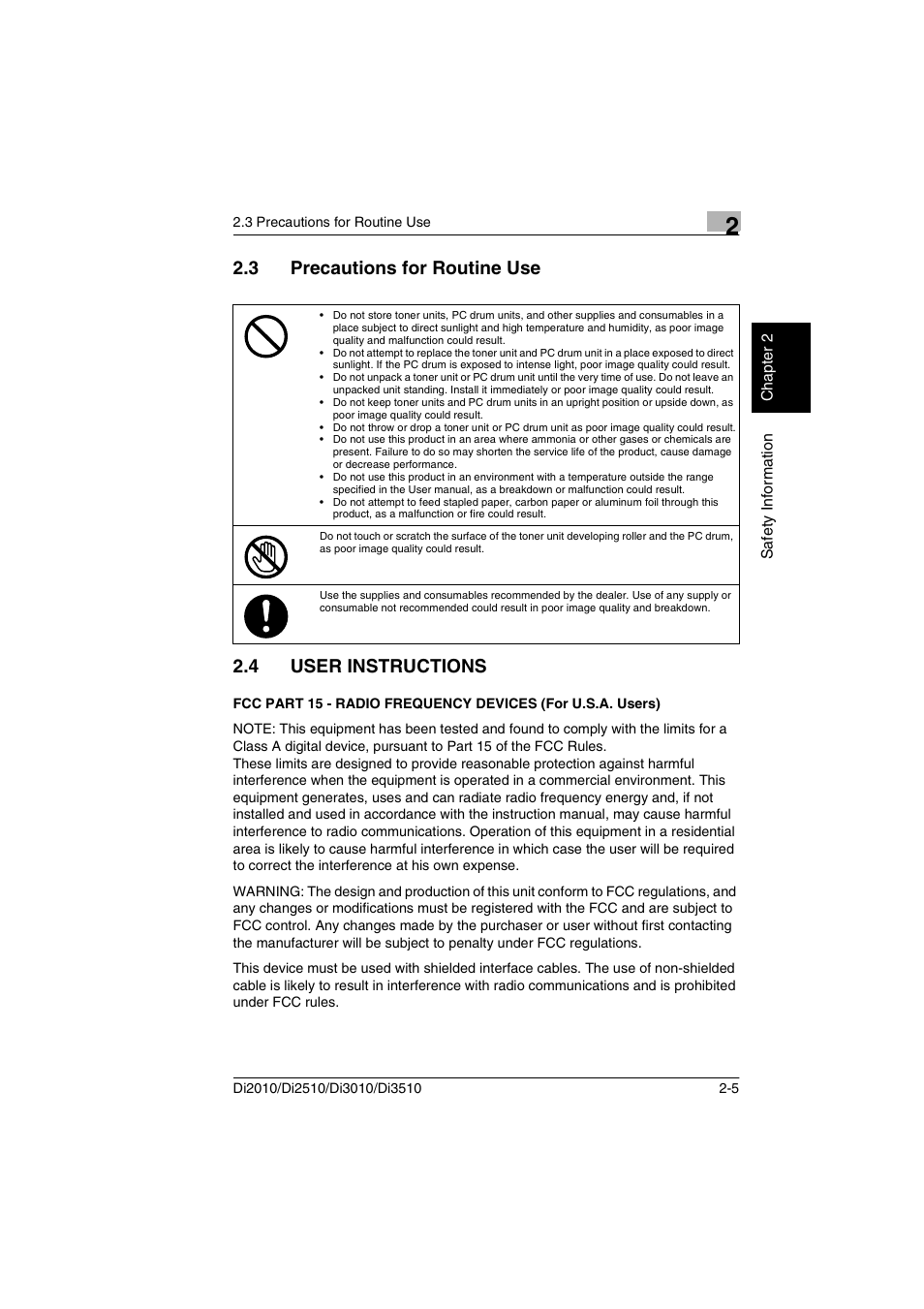 3 precautions for routine use, 4 user instructions, Precautions for routine use -5 | Minolta DI2510 User Manual | Page 20 / 148