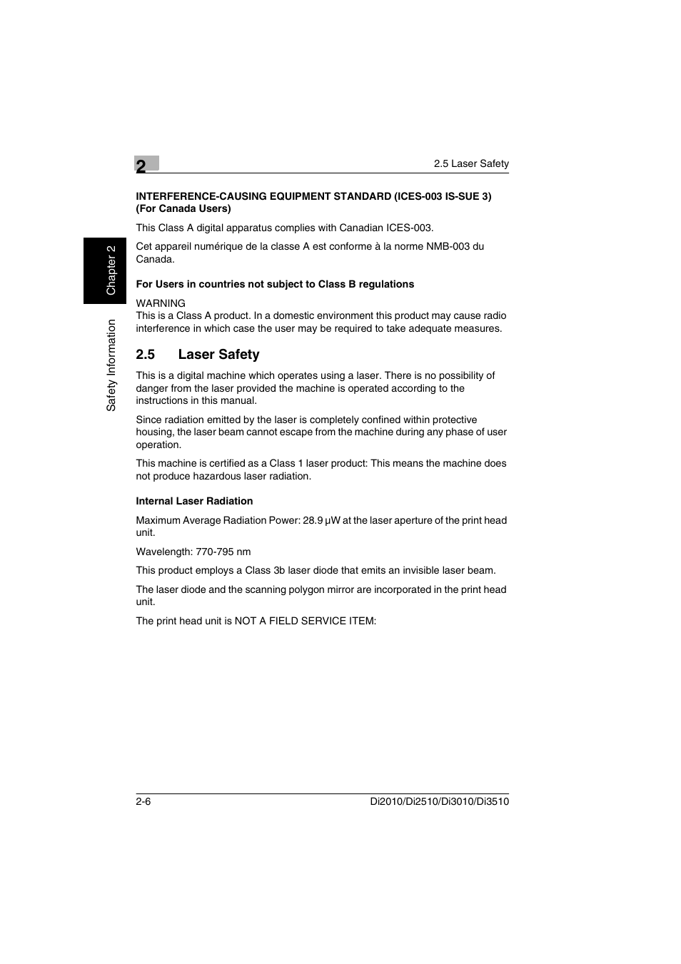 5 laser safety, Internal laser radiation, Laser safety -6 internal laser radiation -6 | Minolta DI2510 User Manual | Page 21 / 148