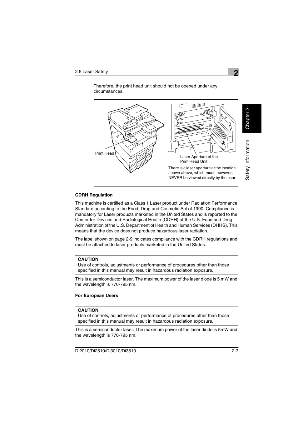 Cdrh regulation, For european users, Cdrh regulation -7 for european users -7 | Minolta DI2510 User Manual | Page 22 / 148
