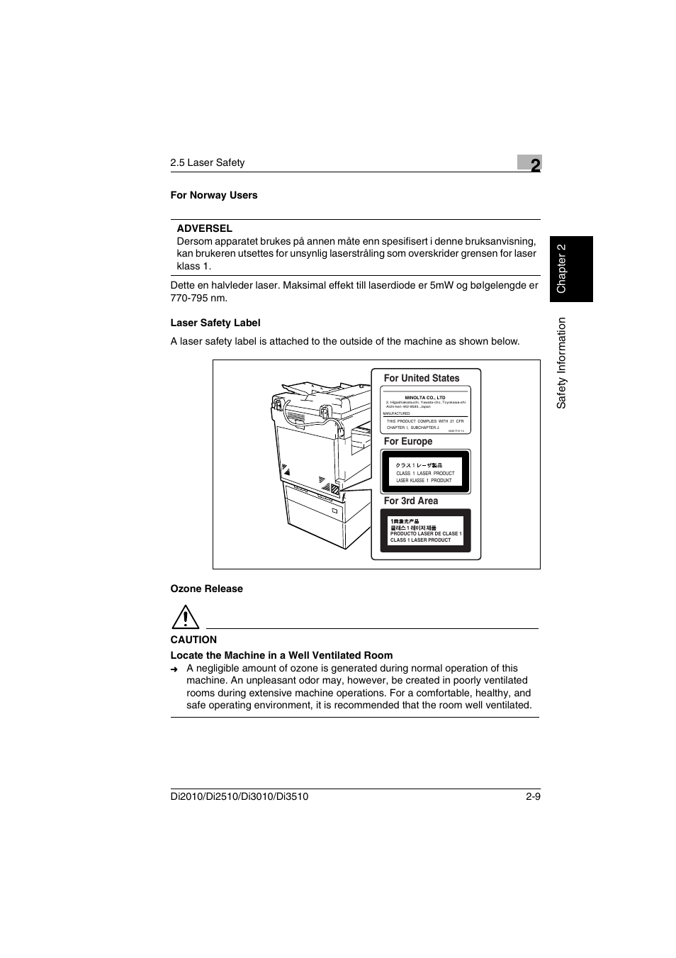 For norway users, Laser safety label, Ozone release | Minolta DI2510 User Manual | Page 24 / 148