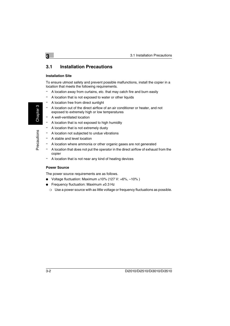 1 installation precautions, Installation site, Power source | Minolta DI2510 User Manual | Page 27 / 148