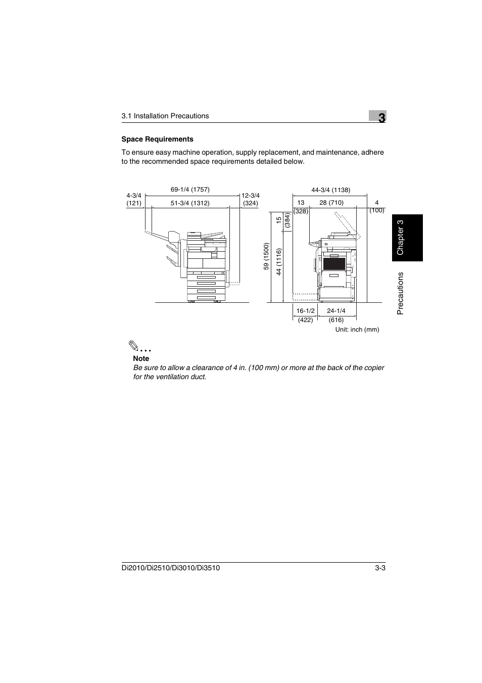 Space requirements, Space requirements -3 | Minolta DI2510 User Manual | Page 28 / 148