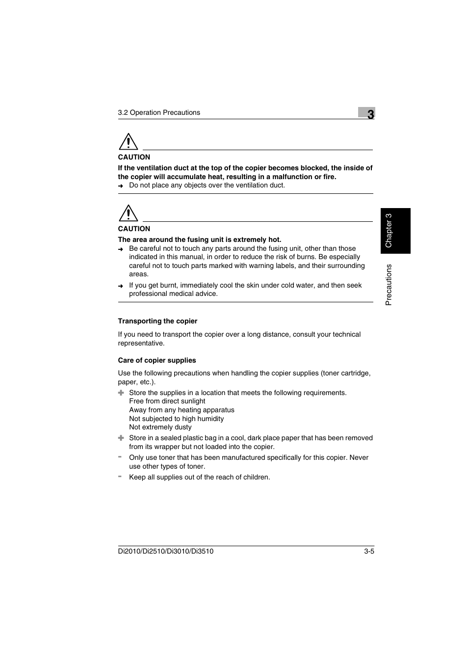 Transporting the copier, Care of copier supplies | Minolta DI2510 User Manual | Page 30 / 148